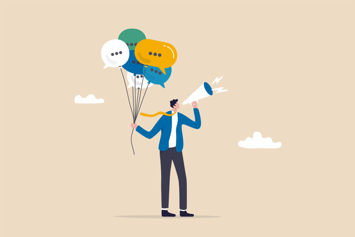 Communication or PR, Public Relations manager to communicate company information and media, announce sales or promotion concept, businessman holding speech bubble balloons while talking on megaphone.